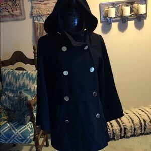 Women's Double Breasted Black Hooded Pea Coat
